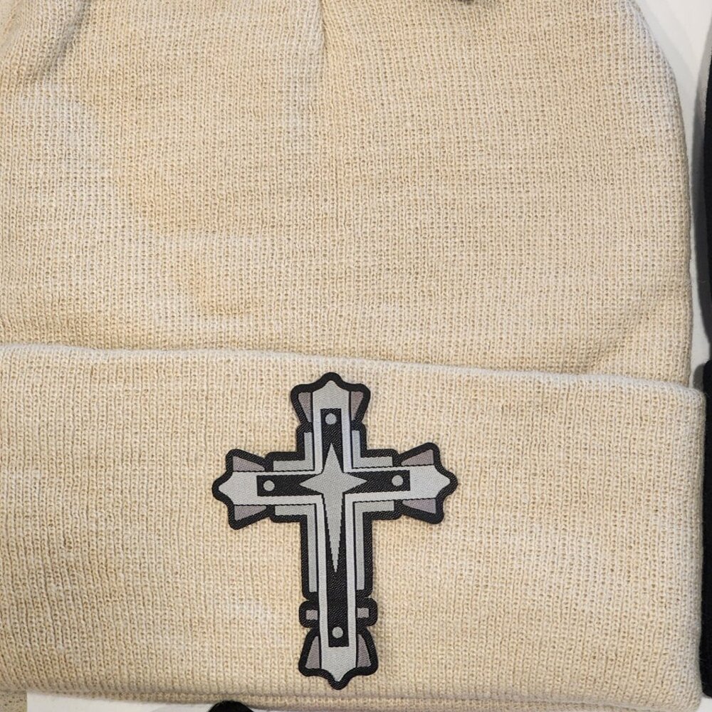 Silver Cross Patched Knit Cuffed Beanie in Beige
